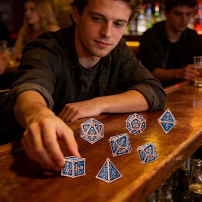Metal Dice Set, Octopus Pattern, 7pcs Polyhedral Metal DND Dice Set, DND Starter Set, D&D Gifts with Gift Box, Role Playing Board Games Accessories, Red Copper Border Blue - color: Blue With Gift Box