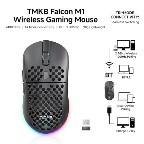 TMKB Wireless Gaming Mouse, 24000 DPI, 180-Hour Battery, Black | Optical Sensor, 90g Ergonomic Honeycomb Design, 6 Programmable Buttons, RGB Strip, 2.4GHz, BT5.2 and USB-C Wired Connectivity - color: Black, size: Wireless