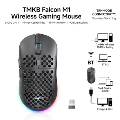 TMKB Wireless Gaming Mouse, 24000 DPI, 180-Hour Battery, Black | Optical Sensor, 90g Ergonomic Honeycomb Design, 6 Programmable Buttons, RGB Strip, 2.4GHz, BT5.2 and USB-C Wired Connectivity - color: Black, size: Wireless