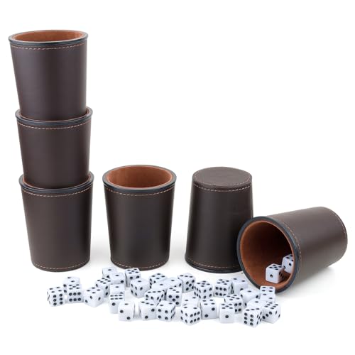 Felt-Lined PU Leather Dice Cup Set, 6 Quiet Dice Shaker Cups with 36 Dices for Bar Party Yahtzee Farkle Dice Games, Coffee - color: Coffee#dice Cup Set