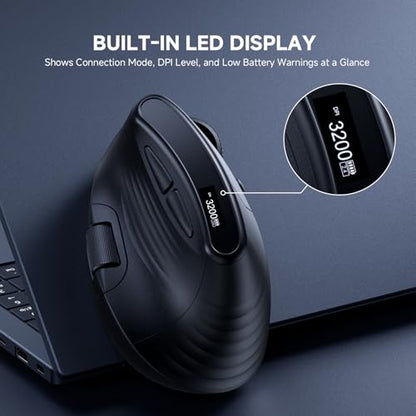 ECHTPower Ergonomic Vertical Mouse, Wireless Rechargeable Mouse with LED Display, 7-Level Adjustable DPI up to 8000, Silent & Programmable Buttons, Multi-Device Connection for PC/Mac/Laptop