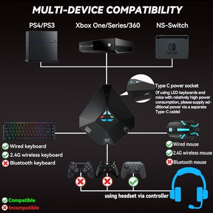 Keyboard and Mouse Adapter for Nintendo Switch/PS4/PS3/Xbox One/Xbox 360 Console Converter, Keyboard Mouse Adapter Support Mapping & Reset Button, Perfect for FPS, TPS, RPG, RTS Games