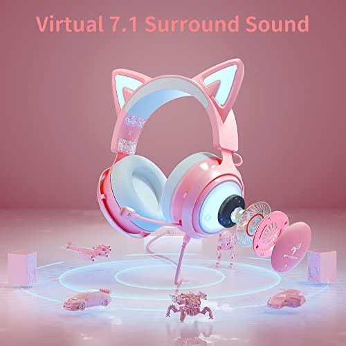 EASARS Pink Gaming Headset GS510, Wired, Over Ear, Cat Ear Design with RGB Lighting, 7.1 Surround Sound, Retractable Mic, Compatible with PC, PS4, PS5 - color: Pink, style: Wired