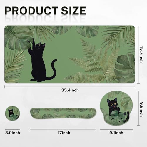 Britimes Sage Olive Green Leaves Keyboard Mouse Pad Set Funny Cute Cat 4in1 Large Mousepad+Keyboard Wrist Rest+Mouse Wrist Rest+Coaster Ergonomic Design for Home Office Computer 35.4x15.7 inches - color: Green Cloud