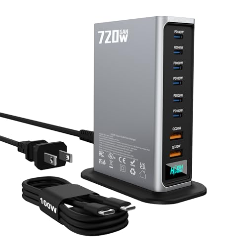 720W USB C Fast Charger Block, PD 3.1 140W 8 Port USB Charging Station, GaN Ⅲ Fast Charging Station for Multiple Devices, Laptop Charger Station Compatible with iPhone 17/iPad/MacBook,Samsung, Silver - color: 720W Silver