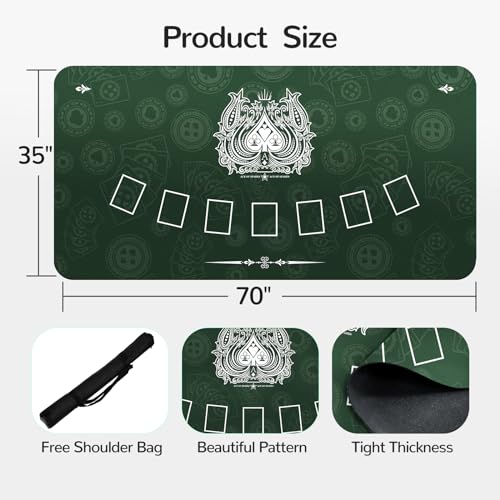 70 x 35 Inch Poker Mat for Table, Texas Hold'em Poker Table Top Mat with Carrying Bag, Waterproof Anti-Slip Rubber Blackjack Mat for Home Game Nights Up to 8 Players - color: Dark Green-blackjack