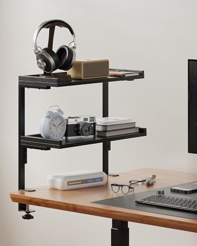 Clamp On Desk Shelf 2-Tier, 16.5 in Wood Shelving Unit for Office Desk/Gaming Accessories, Tabletop Book Storage Rack, Shelf for Top of Desk, Black - color: 2-tier 16.5 Inches Black
