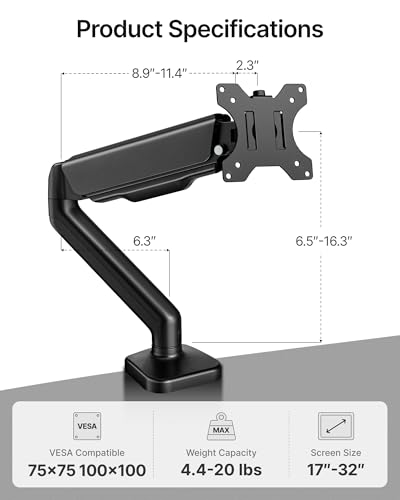 monTEK Single Monitor Arm for 17-32" Flat/Curved Screen up to 19.8 lbs | Mechanical Spring Monitor Arm, Full Motion, Height Adjustable, Alloy Steel, Easy Assembly, Clamp/Grommet, VESA 75/100mm - size: Single Arm