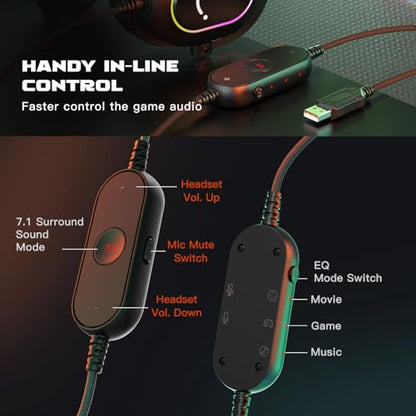 FIFINE AmpliGame H6 Wired USB Gaming Headset with Dynamic RGB, 3 EQ Modes | 50mm drivers, Pinpoint 7.1 Surround, Durable Protain Leather, Detachable Mic, USB Control Box, Compatible with PC, PS4/5, Mac - color: Black