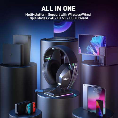 UHURU Dual Wireless Gaming Headset with Microphone for PS5 PS4 PC: Gaming Headphones with Stereo Sound - 32Hr Battery - Cool RGB