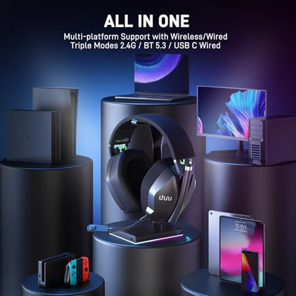 UHURU Dual Wireless Gaming Headset with Microphone for PS5 PS4 PC: Gaming Headphones with Stereo Sound - 32Hr Battery - Cool RGB