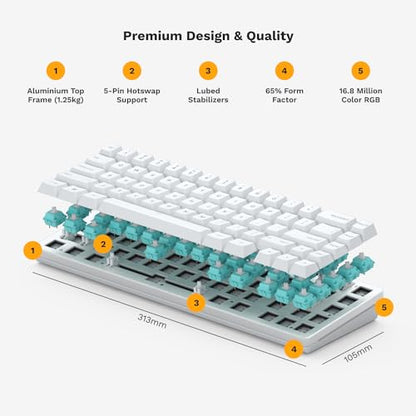 GLORIOUS Gaming GMMK 2 Compact 65% Barebones (Frame Only) - Mechanical Gaming Keyboard Frame, Compact TKL Size (65%), Aluminium, Customisable, Per Key RGB, American QWERTY Layout - White - color: White, size: Barebone Compact (65%)