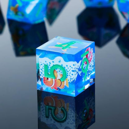 DND Dice Set 7-Pcs Sharp Edge Blue Marine Life Style Resin Dice Polyhedron Resin Sharp Edge dice Role-Playing Game RPG MTG Board Game (Marine Life - Green) - color: Marine Life - Green
