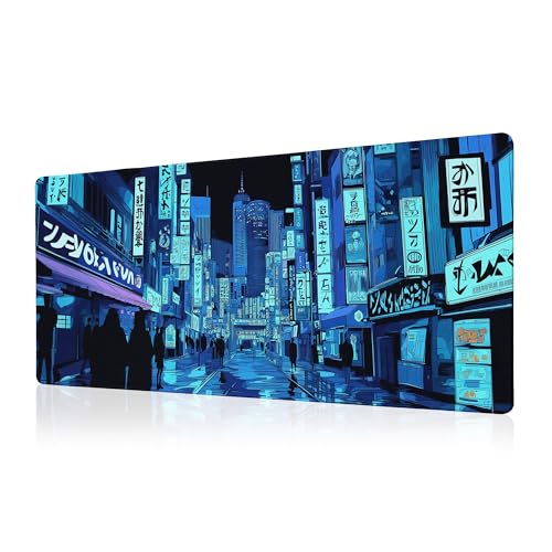 Dark Blue Japanese Gaming Mouse Pad Abstract Anime Mat 31.5x11.8 Inch Tokyo Pixel Street Texture Non-Slip Rubber Base Kawaii Mousepad Stitched Edges Keyboard Desk Pad for Office and Home Game - color: Japanese Street