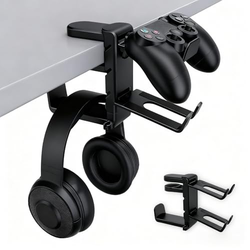 Rotating Headphone Stand with 360° Swivel - Adjustable Clamp-on Under Desk Headset Holder, Universal Gaming & Office Headphone Hanger (Black) - color: Black