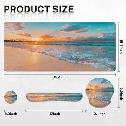 Arttown Summer Ocean Sun Desk Mat Sand Beach Mouse Pad Set 4 in 1 Cloud Sea Wave Ergonomic Design Large Desk Pad + Keyboard Wrist Rest + Mouse Wrist Rest + Coaster Suitable for Home Office Study Game - color: Sunset Beach 2