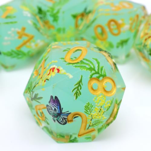 XENOLUX Polyhedral Resin DND Dice Set for RPG and Board Games, Clear with Internal Butterfly and Yellow Flowers, 7 Pieces in Tin Box (L17) - color: L17