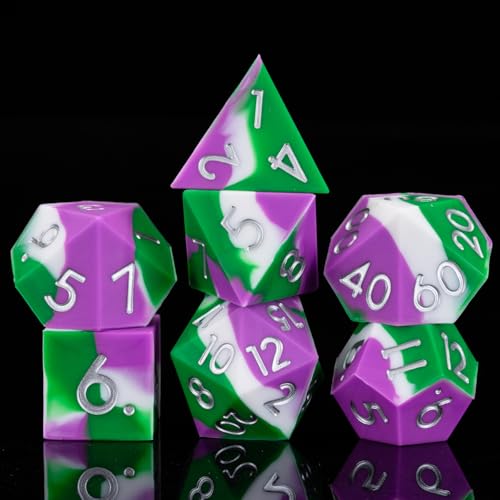 Silicone DND Dice, 7pcs Rubber Polyhedral D&D Dice Set, Sharp Edges Soft Perfect Bouncer for Dungeons and Dragons, RPG, MTG (D4, D6, D8, D10, D12, D20, D%) for Ages 15 and Up - color: Green White Purple
