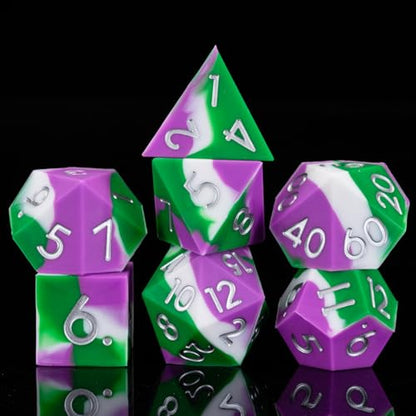 Silicone DND Dice, 7pcs Rubber Polyhedral D&D Dice Set, Sharp Edges Soft Perfect Bouncer for Dungeons and Dragons, RPG, MTG (D4, D6, D8, D10, D12, D20, D%) for Ages 15 and Up - color: Green White Purple