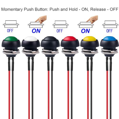 Gebildet 6pcs 12mm 3A/250VAC Prewired Waterproof Momentary Push Button SPST ON/OFF, Lockless Mini Round Button for Car Trumpet, PC, Home Doorbell - style: E428