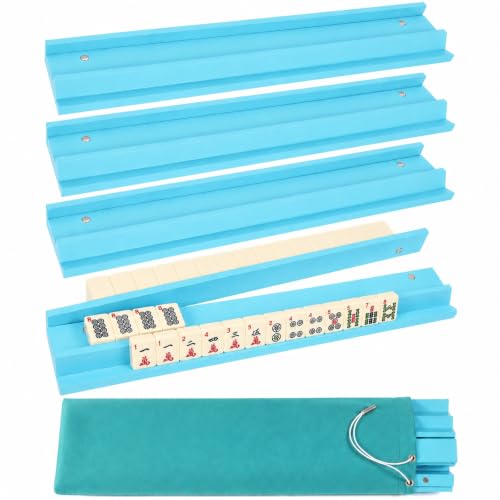 5Pcs Mahjong Racks with Pushers Wooden American Mahjong Tile Pushers and Racks Set with Mah Jong Rack Drawstring Bag Mah Jong Accessories for Players Gifts Home Game Night Party Supplies (Teal Blue) - color: Aqua Blue