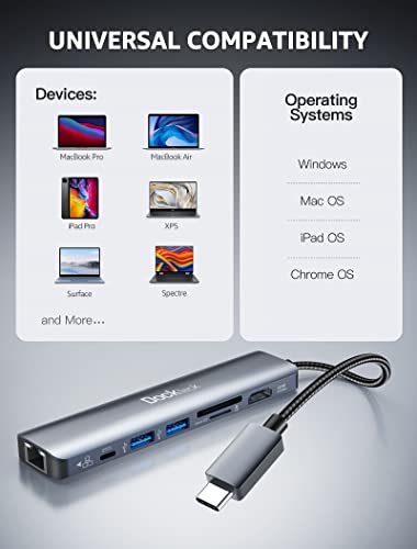 dockteck 7-in-1 USB C Hub with 4K 60Hz HDMI, 1Gbps Ethernet, 100W Power Delivery, SD/TF Card Slots, USB 3.0 Data Ports for MacBook, iPad Pro, XPS - style: Pro series