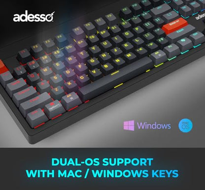 Adesso Easytouch 1300 Mechanical Keyboard, RGB Illuminated | Hot Swappable Red Switches, Wired Wireless Bluetooth, Gaming, Copilot AI Hotkey, Windows Mac