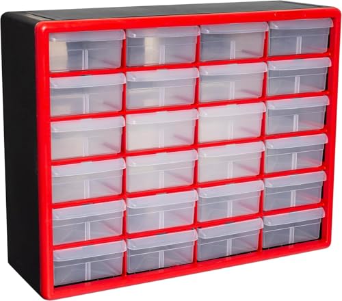 Akro-Mils 24-Drawer Plastic Drawer Storage Cabinet for Garage Organization, Bead Organizer, Building Bricks Storage, Teacher Toolbox, Makeup Organizer, 20" W x 6" D x 16" H, 10124 Red - color: Red, size: 24 Drawer, style: 1 Pack