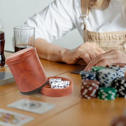 Brown PU Leather Dice Cup with Lid, Velvet Interior Quiet Dice Shaker Cup with 6 Dice for Liars Dice/Farkle/Yahtzee Games, 1 Pack - color: Brown