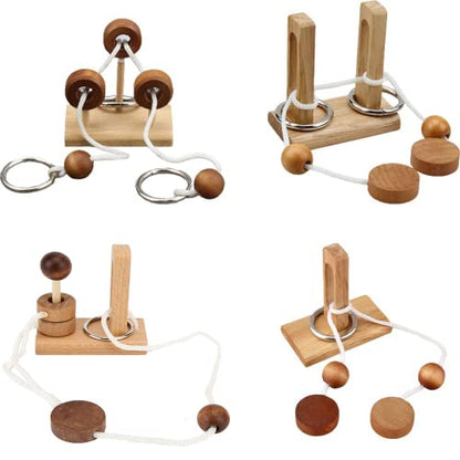 Brain Teaser Puzzle Wooden Threading Rope Loop Puzzle Luban Lock Brain Teaser Game Adult Kids Toy Puzzles for Adults (4) - size: 4