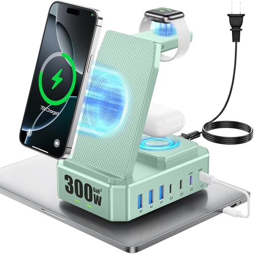 300W Charging Station for Multiple Devices Apple, Zutspzss 10 in 1 Wireless Charger for iPhone 16, GaN III USB C 65W PD Fast Charging Stand Dock for MacBook, Apple Watch&Airpods,Green - color: Green