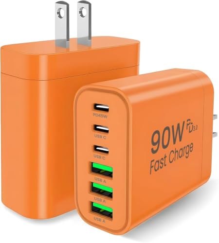 90W GaN USB C Charger Block [3 Pack],6-Port USB C Wall Charger Fast Charging 45W PD Power Adapter for MacBook Air/iPad Pro/iPhone 17Pro Max/Samsung Galaxy S24 Ultra/Tabs for Home Travel - color: Orange, size: Three