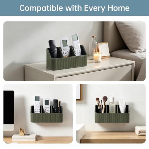 No Drill PU Leather Wall Remote Holder, 3 Compartments Storage Caddy for TV AC Remotes, Pens, Eyeglasses, Home Bedroom Bathroom Office (Stylish Green Fine Ribbed) - color: Stylish Green Fine Ribbed