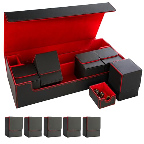 Tournament-Ready Card Case with 5 Commander Deck Boxes & Dice Tray, Magnetic Storage Case Holds 1000+ Cards, Portable All-in-One System for MTG, Yu-Gi-Oh!, TCG, Multicolor (Black/Red) - color: C-Black/Red - Includes 5 Deck Boxes