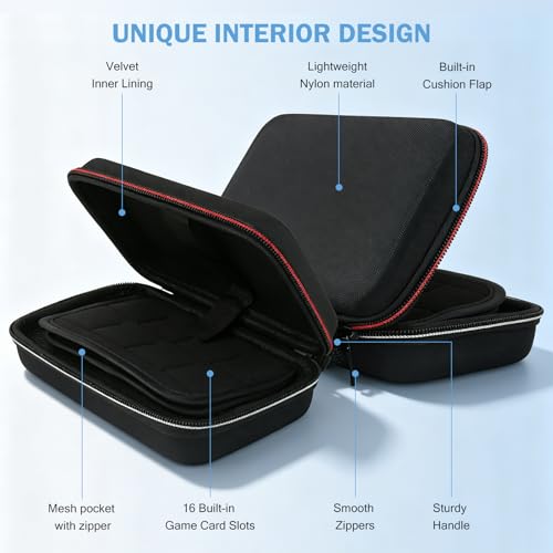 Carrying Case for N*intendo New 3DS XL with Unique Handle Design, Hard-Wearing Nylon Travel Pouch with Mesh Zipper Pocket for Accessories, Soft Microfiber Lining, Holds 16 Game Cartridges - Black