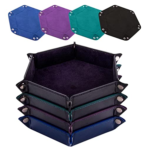 SIQUK 4 Pieces Dice Tray Portable Dice Trays Hexagon Dice Roller Tray PU Leather Rolling Dice Trays for Dice Games Like RPG, DND and Other Table Games (Black, Cyan, Violet, Royal Blue) - color: Black, Cyan, Violet, Royal Blue
