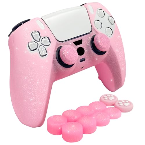 Pink Glitter Silicone Protective Case for PS5 Controller, Sparkly Bling Soft Cover Skins, Includes 8-in-1 Glitter Thumb Grip Caps + 2 Cat Paw Caps – Shockproof Dustproof Anti-Slip - color: Pink