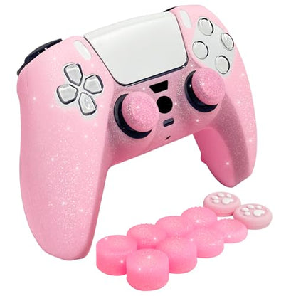 Pink Glitter Silicone Protective Case for PS5 Controller, Sparkly Bling Soft Cover Skins, Includes 8-in-1 Glitter Thumb Grip Caps + 2 Cat Paw Caps – Shockproof Dustproof Anti-Slip - color: Pink