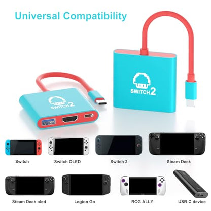 Switch 2 Dock, Portable TV Station for Steam Deck/ROG Ally/Legion GO, 3-in-1 Switch 2 Travel with HDMI 4K@144Hz or 4K@60Hz, USB 3.0 and 100W Charge PD Port