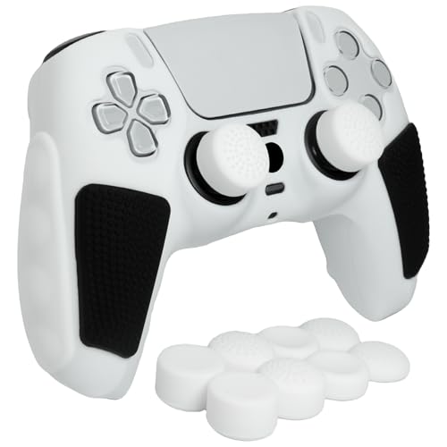 Anti-Slip White PS5 Controller Skin,Soft Thicken Studded Protective Silicone Cover Skin Grips Compatible with PS5/Slim/Pro Controller and 8 PCS Thumb Grips Caps. (White & Black) - color: White & Black