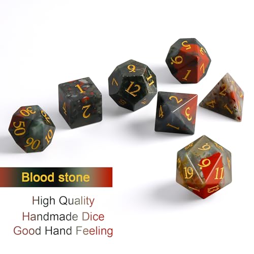 Natural African Bloodstone Dice Set, 7-Piece Hand-Carved Gemstone Polyhedral Dice for Dungeons & Dragons (D&D), Pathfinder, MTG, Tabletop RPG Gaming, Heavy Stone Dice with Gold Numbers (Bloodstone) - color: Bloodstone