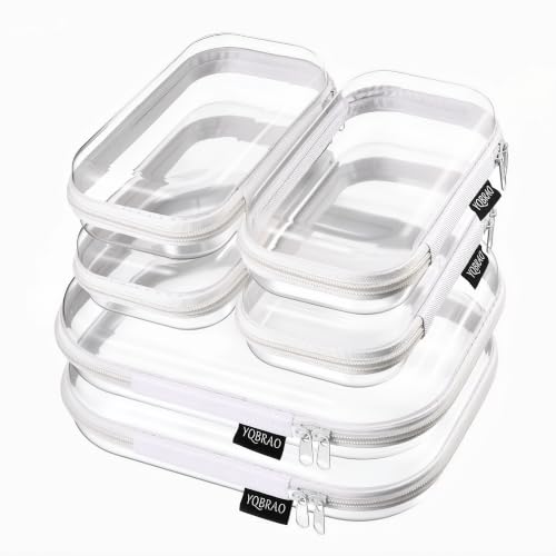 YQBRAO 6 Pack Clear Hard Shell Beauty Organizer (2M+4S), 1.2mm Crush-Proof Cosmetic Case, Reinforced YKK Zippers, Stadium Approved Security Bag for Skincare, Toiletries & Electronics, Multi-Size Set - color: White, size: 6 Pack (2M+4S)