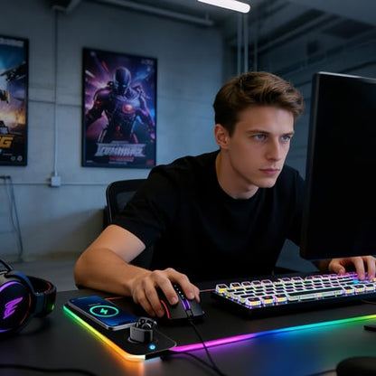 Gaming RGB Mouse Pad Wireless Charging XXL Desk Mat for Keyboard 15w Fast Charger 11 Led Light Modes Non-Slip Large Office Desk Pads on Top of Desks