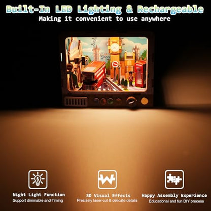 London Streets 3D Wooden Puzzle with LED Lights, DIY Craft Model Kit for Adults & Kids, Fun & Educational Building Set and Creative Home Decor Gift - style: London Streets