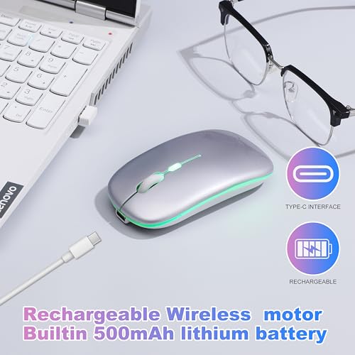 Wireless Bluetooth Mouse, Rechargeable Computer Mouse, Silver | Dual Mode - BT5.2 & 2.4G,Long Lasting,Silent RGB LED Mice,Slim Portable Mouse for Laptop,PC,Tablet,MacBook,iPad,Apple Devices - color: Silver