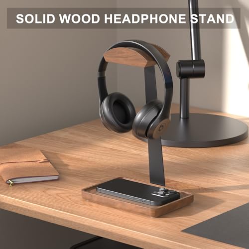 Wooden Headphone Stand, Wood Headset Stand for Desk, Universal Headphone Holder with Storage Base for Gaming, Sony,Bose
