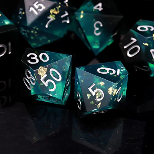 Haxtec Sharp Edge DND Dice Set, Gold Flakes Resin Polyhedral RPG Dice | Blue Black D&D for Table Games, Compatible with Dungeons and Dragons, Handmade 7-Die with Metal Case, MTG Gifts, War Series - color: Blue Black