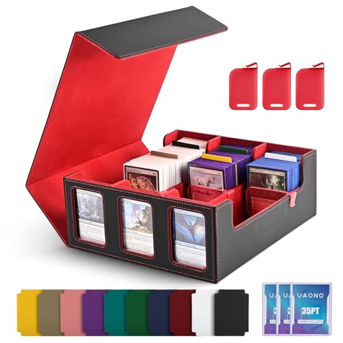 UAONO Card Storage Box for Trading Cards, 1800+ Commander Deck Box for MTG with Display Window, Toploader Card Case fits Magic TCG PTCG Sports Cards; 10 Removable Divider, 3 Stoppers (Black, Red) - color: Black& Red, size: 3-row