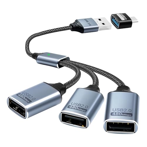 Duttek USB Splitter 1 to 3 with USB A to C Adapter, USB 2.0 Extension Cable 3 Port Hub for PC, MacBook, Laptop, Flash Drive, Keyboard 0.8FT/25cm-Grey - style: USB Splitter 1 to 3 with USB A to C Adapter