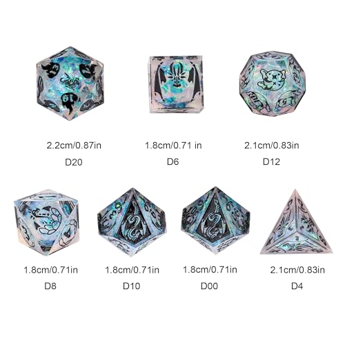 Cusdie 7-Piece Sharp Edges DND Dice Set with Dragon Pattern - Perfect for Tabletop RPGs Board Games Gifting and Collecting(Galaxy/Black Number) - color: Dragon Pattern Tc/B